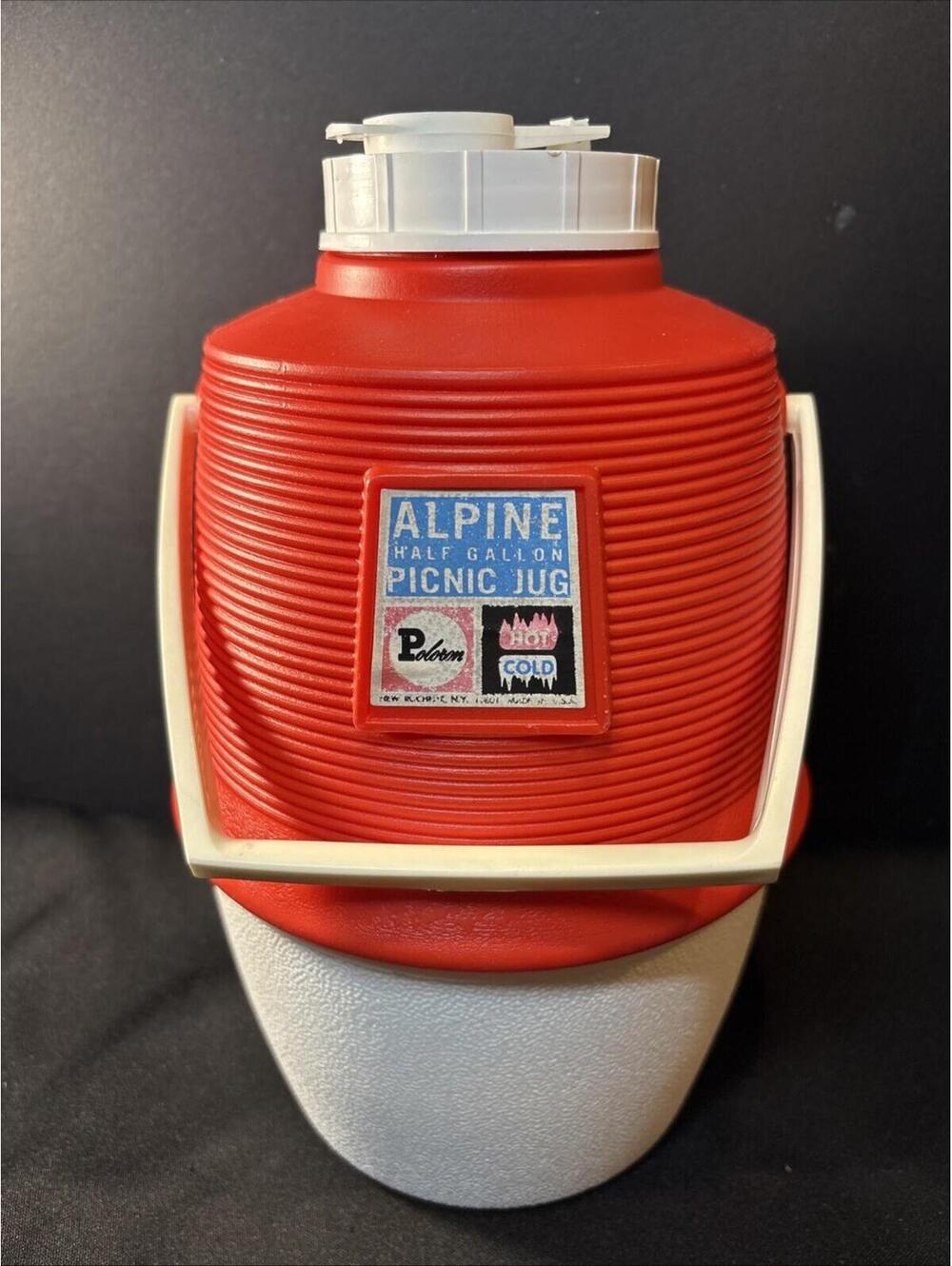 VTG Poloron Alpine Hot Cold Cooler Picnic Jug 1/2 Gal Red & White USA Great Con.